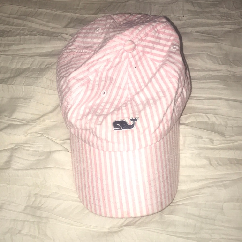 Pink and white seersucker hat